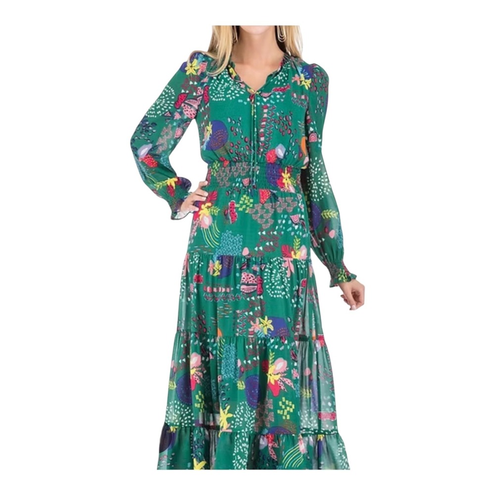 Jade Melody Tam Green Abstract Fruit Floral Smocked Waist Tiered Maxi Dress M